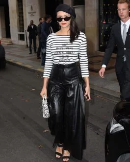 Nina Dobrev seen leaving the George V Hotel - Leather Skirts