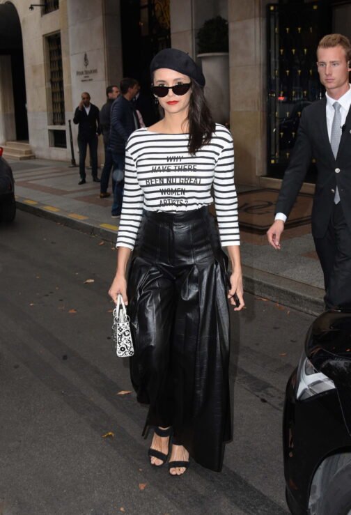 Nina Dobrev seen leaving the George V Hotel - Leather Skirts